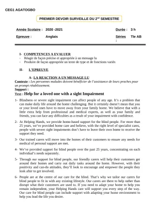 Première page de Anglais Tle A2, Tle B — 1er devoir surveillé, 2e semestre (2020-2021) · CEG 1 Agatogbo