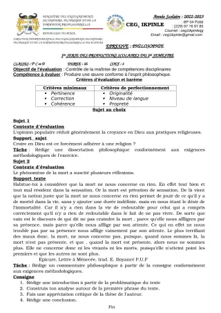 Première page de Philosophie Tle C, Tle D — 1re production scolaire, 2e semestre (2022-2023) · CEG1 Ikpinlè