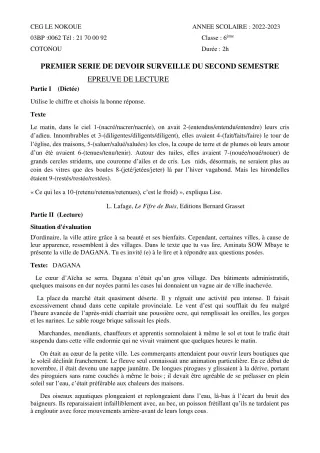 Première page de Français 6e — 1er devoir surveillé, 2e semestre (2022-2023) · CEG LE NOKOUE