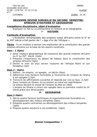 Première page de Histoire-Géographie 5e — 2e devoir surveillé, 2e semestre (2020-2021) · CEG du Lac
