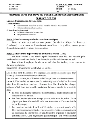 Première page de SVT 5e — 1er devoir surveillé, 2e semestre (2020-2021) · CEG HOUEYIHO