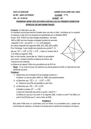 Première page de Mathématiques 1ère C — 1er devoir surveillé, 1er semestre (2021-2022) · CEG LE NOKOUE