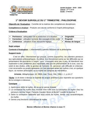 Première page de Philosophie 2nde C, 2nde D — 1er devoir surveillé, 1er trimestre (2019-2020) · CPEG LE PHARAON