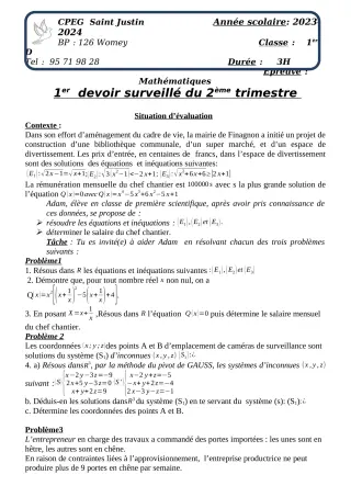 Première page de Mathématiques 1ère D, Tle A2, Tle B — 1er devoir surveillé, 2e trimestre (2023-2024) · CPEG SAINT Justin