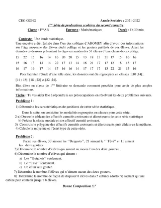 Première page de Mathématiques 1ère A & B — 2e production scolaire, 2e semestre (2021-2022) · CEG GOHO