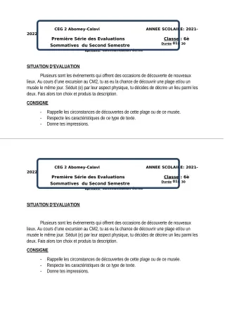 Première page de Français 6e — 1re évaluation sommative, 2e semestre (2021-2022) · CEG2 ABOMEY - CALAVI (CEG ZOCA)