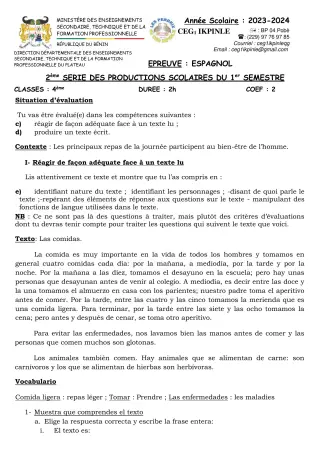Première page de Espagnol 4e — 2e production scolaire, 1er semestre (2023-2024) · CEG1 Ikpinlè
