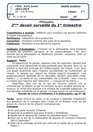 Première page de Philosophie 2nde A2, 2nde B, 2nde C, 2nde D — 2e devoir surveillé, 1er trimestre (2023-2024) · CPEG SAINT Justin