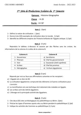 Première page de Histoire-Géographie 5e — 1re production scolaire, 1er semestre (2022-2023) · CEG GOHO