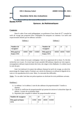 Première page de Mathématiques 6e — 2e évaluation sommative, 2e semestre (2021-2022) · CEG2 ABOMEY - CALAVI (CEG ZOCA)