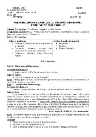 Première page de Philosophie 1ère C, 1ère D — 1er devoir surveillé, 2e semestre (2020-2021) · CEG du Lac