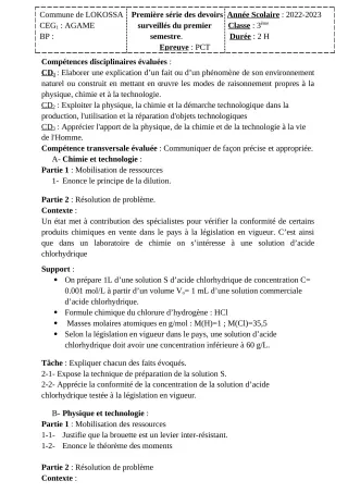 Première page de PCT 3e — 1er devoir surveillé (2022-2023) · CEG1 AGAME