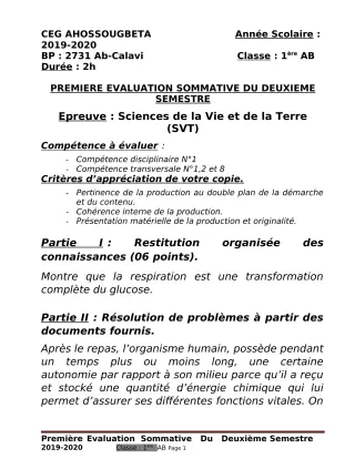 Première page de SVT 1ère A2 — 1re évaluation sommative, 2e semestre (2019-2020) · CEG Ahossougbéta
