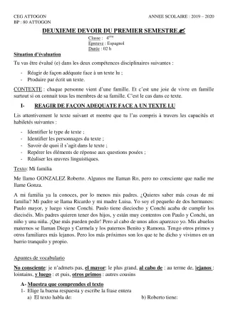 Première page de Espagnol 4e ML — 2e devoir surveillé, 1er semestre (2019-2020) · CEG Attogon
