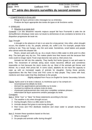 Première page de Anglais 3e — 1er devoir surveillé, 2e semestre (2018-2019) · CEG SOKKA