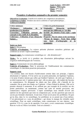 Première page de Philosophie Tle C, Tle D — 1re évaluation sommative, 1er semestre (2018-2019) · CEG du Lac