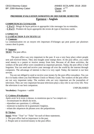 Première page de Anglais 6e, 5e, 4e, 4e ML, 3e, 3e ML — 2e semestre (2019-2020) · CEG3 ABOMEY CALAVI