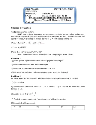 Première page de Mathématiques Tle A2, Tle B — 2e devoir surveillé, 1er semestre (2022-2023) · CEG ZONGO