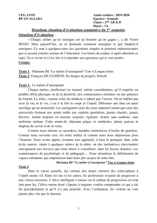 Première page de Français 2nde A & B, 2nde D — Évaluation sommative, 1er semestre (2019-2020) · CEG AYOU