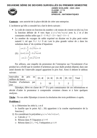 Première page de Mathématiques 1ère D — 2e devoir surveillé, 1er semestre (2023-2024) · CEG 1 Comè