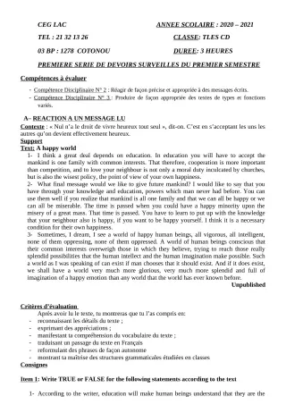 Première page de Anglais Tle C, Tle D — 1er devoir surveillé, 1er semestre (2020-2021) · CEG du Lac