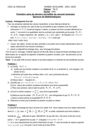 Première page de Mathématiques Tle D — 1er devoir surveillé, 2e semestre (2021-2022) · CEG LE NOKOUE