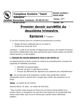 Première page de Espagnol 4e ML — 1er devoir surveillé, 2e trimestre (2019-2020) · CPEG Saint Adolphe