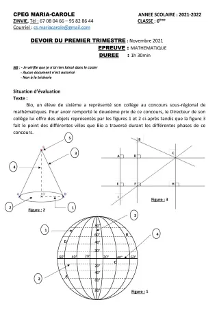 Première page de Mathématiques 6e — Devoir surveillé, 1er trimestre (2021-2022) · CPEG MARIA-CAROLE