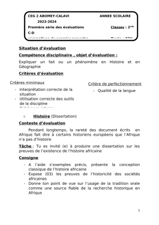Première page de Histoire-Géographie 2nde D — 1re évaluation sommative, 1er semestre (2023-2024) · CEG2 ABOMEY - CALAVI (CEG ZOCA)