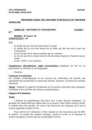 Première page de Histoire-Géographie 6e — 1er devoir surveillé, 1er semestre (2018-2019) · CEG Kpomassè