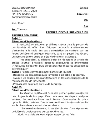 Première page de Français 3e, 3e ML — 1er devoir surveillé, 1er semestre (2019-2020) · CEG Lobozounkpa