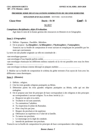 Première page de Histoire-Géographie 6e — 1re évaluation sommative, 2e semestre (2019-2020) · CEG Ahossougbéta