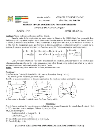 Première page de Mathématiques 2nde A2 — 1er devoir surveillé, 1er semestre (2021-2022) · CEG SEKERE