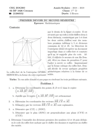 Première page de Mathématiques 1ère D — 1er devoir surveillé, 2e semestre (2018-2019) · CEG ZOGBO