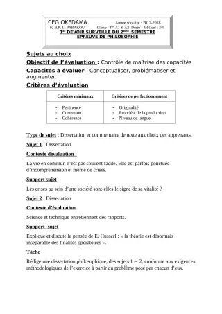 Première page de Philosophie Tle A1, Tle A2 — 1er devoir surveillé, 2e semestre (2018-2019) · CEG OKEDAMA