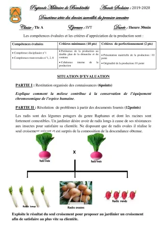 Première page de SVT Tle A — 2e devoir surveillé, 1er semestre (2019-2020) · PMB