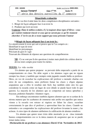 Première page de Espagnol 3e ML — Devoir surveillé, 1er semestre (2020-2021) · CEG SEKERE