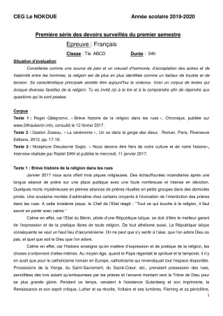 Première page de Français Tle D — 1er devoir surveillé, 1er semestre (2019-2020) · CEG LE NOKOUE