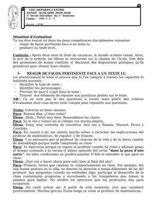 Première page de Espagnol 3e ML — 1er devoir surveillé, 1er semestre (2019-2020) · CEG 1 Akpakpa-Centre