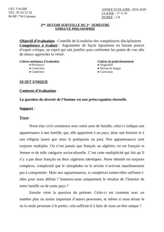 Première page de Philosophie 1ère A2, 1ère C, 1ère D — 2e devoir surveillé, 1er semestre (2019-2020) · CEG Yagbe
