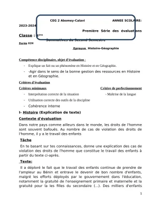 Première page de Histoire-Géographie 4e — 1re évaluation sommative, 2e semestre (2023-2024) · CEG2 ABOMEY - CALAVI (CEG ZOCA)