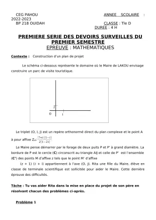 Première page de Mathématiques Tle D — 1er devoir surveillé, 1er semestre (2022-2023) · CEG PAHOU