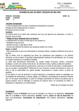 Première page de Examen Blanc de ESPAGNOL — 3e ML — CEG1 Adjarra (2020)