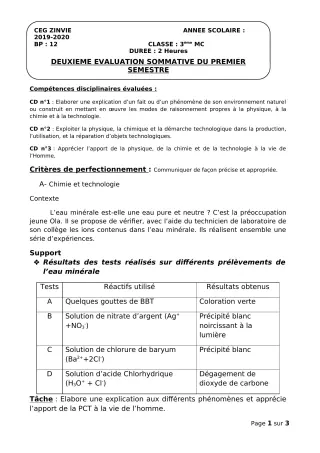 Première page de PCT 3e ML — 2e évaluation sommative, 1er semestre (2019-2020) · CEG Zinvié