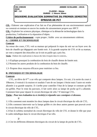 Première page de PCT 6e — 2e évaluation sommative, 1er semestre (2019-2020) · CEG Zinvié