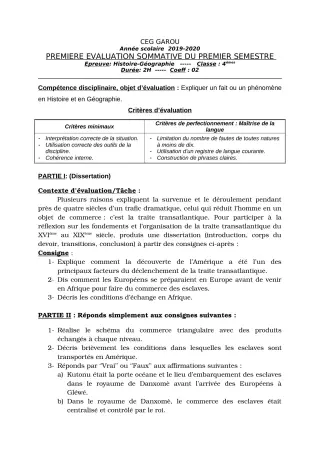 Première page de Histoire-Géographie 4e — 1re évaluation sommative, 1er semestre (2019-2020) · CEG GAROU