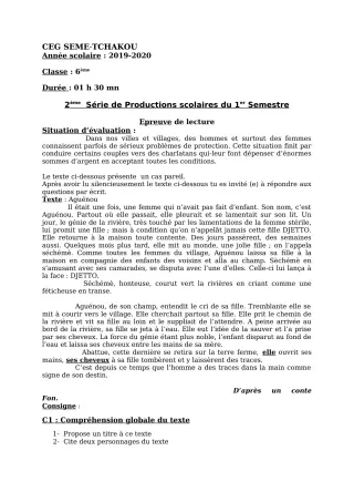 Première page de Français 6e, 5e, 4e, 3e — 2e production scolaire, 1er semestre (2019-2020) · CEG Sème tchakou