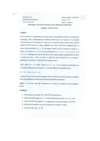 Première page de Mathématiques Tle D — 1er devoir surveillé, 1er semestre (2018-2019) · CEG du Lac