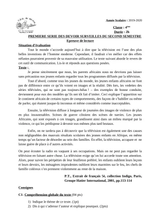 Première page de Français 4e, 4e ML — 1er devoir surveillé, 2e semestre (2019-2020) · CEG Sô-Ava