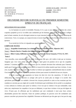 Première page de Français 1ère A2, 1ère B, 1ère C, 1ère D — 2e devoir surveillé, 1er semestre (2020-2021) · CEG FIYEGNON